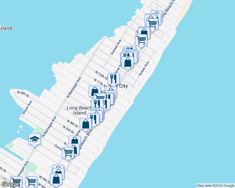map of restaurants, bars, coffee shops, grocery stores, and more near 48 North 11th Street in Surf City