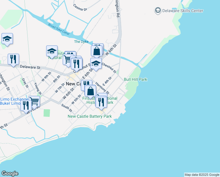 map of restaurants, bars, coffee shops, grocery stores, and more near 109 East 3rd Street in New Castle