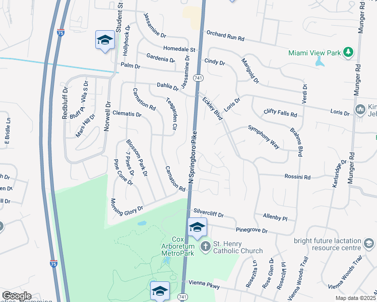 map of restaurants, bars, coffee shops, grocery stores, and more near 6313 Ohio 741 in Dayton