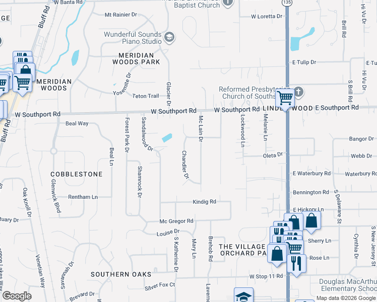 map of restaurants, bars, coffee shops, grocery stores, and more near 7114 Chandler Drive in Indianapolis