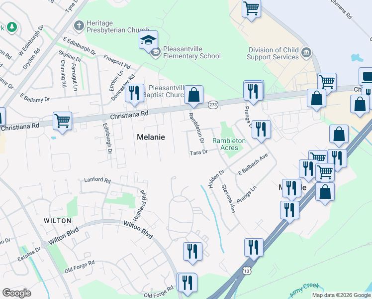 map of restaurants, bars, coffee shops, grocery stores, and more near 17 Raintree Drive in New Castle