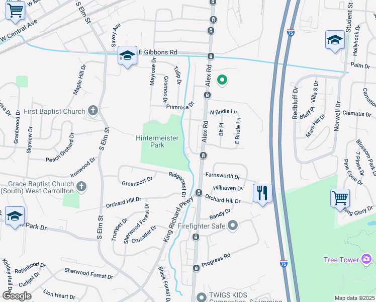 map of restaurants, bars, coffee shops, grocery stores, and more near 1165 Bishop Drive in Dayton