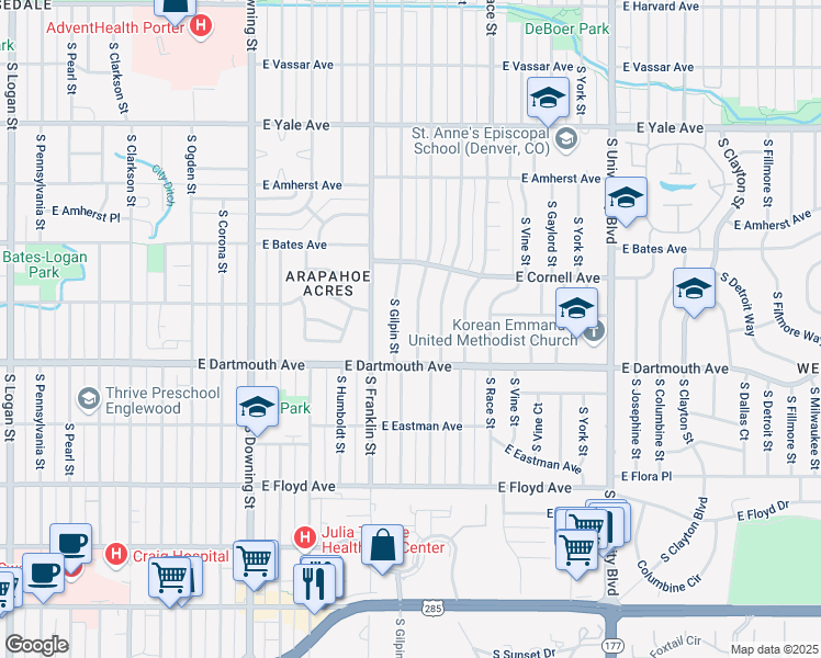 map of restaurants, bars, coffee shops, grocery stores, and more near 3063 South Williams Street in Denver