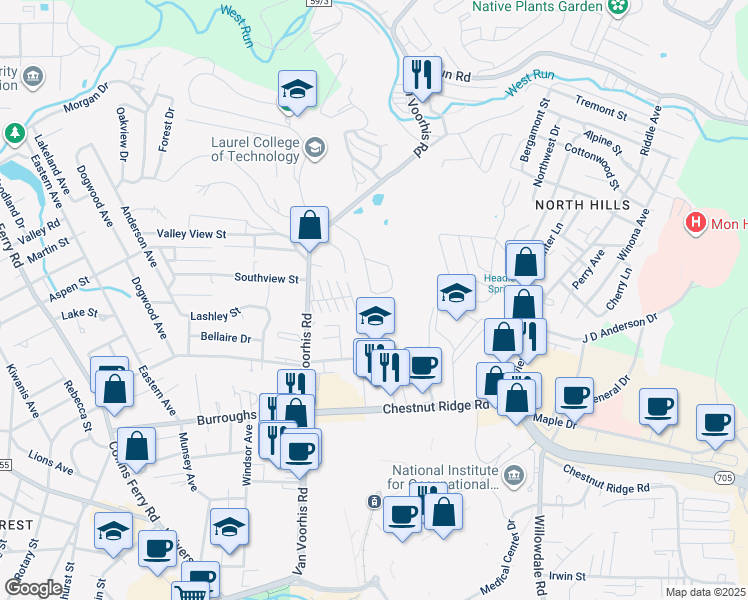 map of restaurants, bars, coffee shops, grocery stores, and more near 2008 White Oak Court in Morgantown