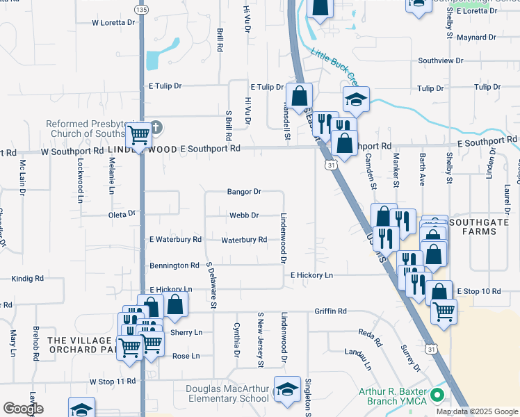 map of restaurants, bars, coffee shops, grocery stores, and more near 326 Webb Dr in Indianapolis