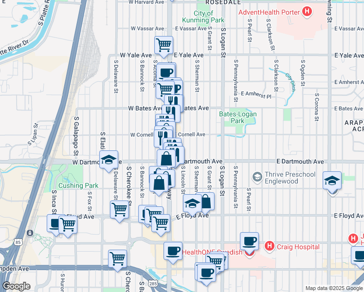 map of restaurants, bars, coffee shops, grocery stores, and more near 3035 South Lincoln Street in Englewood