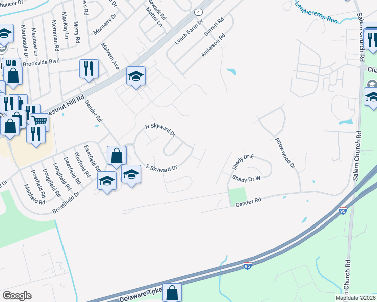 map of restaurants, bars, coffee shops, grocery stores, and more near 109 South Skyward Drive in Newark