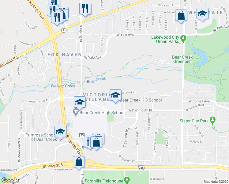 map of restaurants, bars, coffee shops, grocery stores, and more near 9630 West Cornell Place in Lakewood