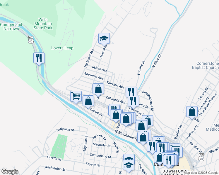 map of restaurants, bars, coffee shops, grocery stores, and more near 619 Shriver Ave in Cumberland