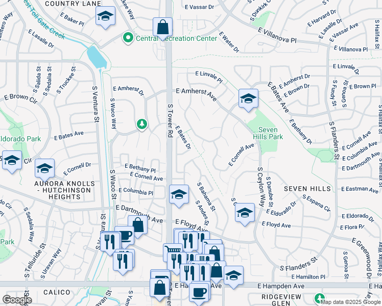 map of restaurants, bars, coffee shops, grocery stores, and more near 18554 East Bethany Place in Aurora