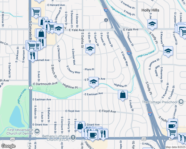 map of restaurants, bars, coffee shops, grocery stores, and more near 3085 South Elm Street in Denver