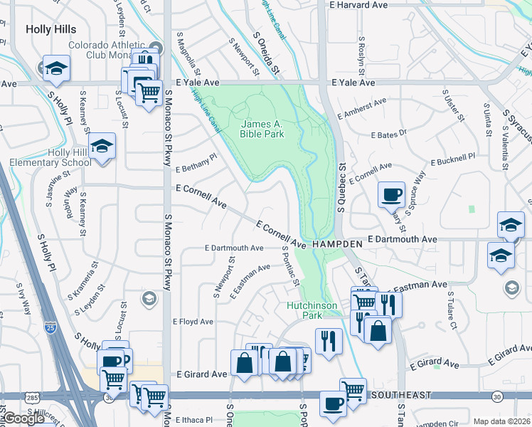 map of restaurants, bars, coffee shops, grocery stores, and more near 2986 South Oneida Street in Denver