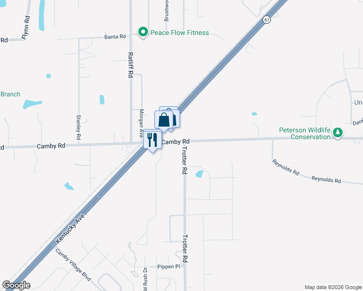 map of restaurants, bars, coffee shops, grocery stores, and more near 8300 Camby Road in Indianapolis