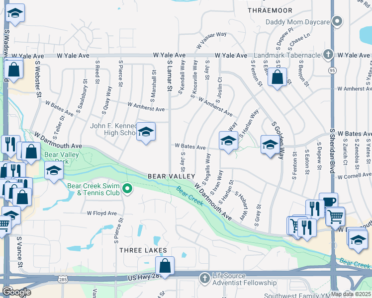 map of restaurants, bars, coffee shops, grocery stores, and more near 2900 South Jay Street in Denver