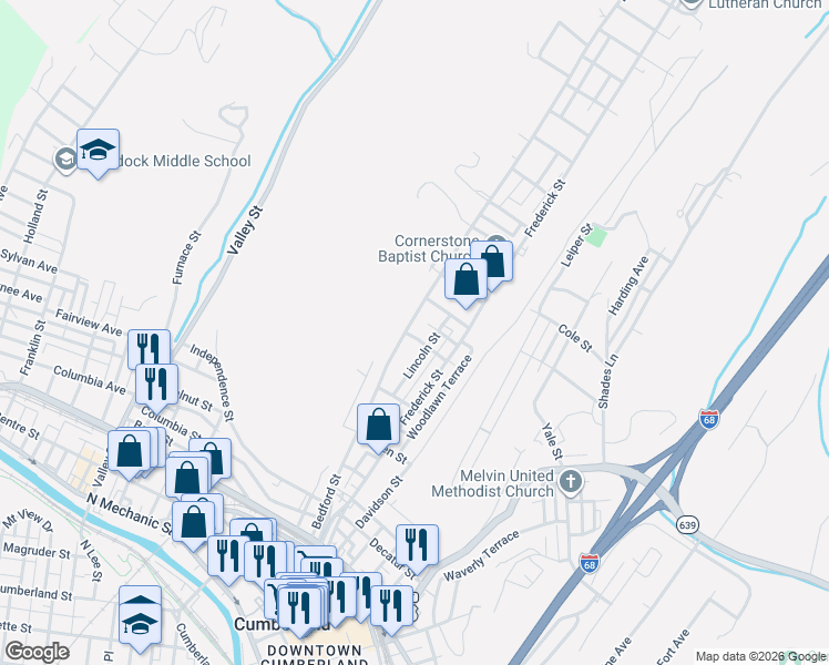 map of restaurants, bars, coffee shops, grocery stores, and more near 701 Bedford Street in Cumberland