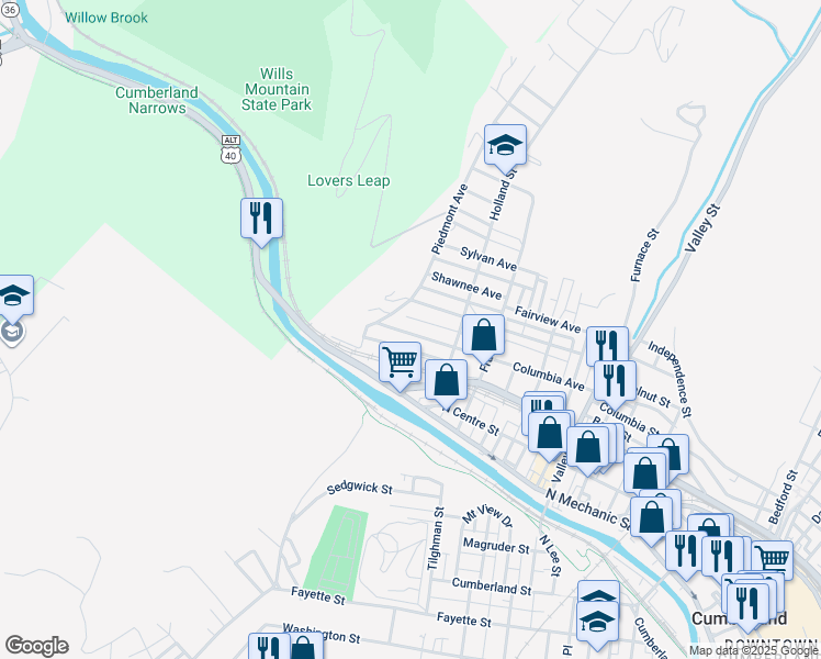 map of restaurants, bars, coffee shops, grocery stores, and more near 841 Columbia Avenue in Cumberland
