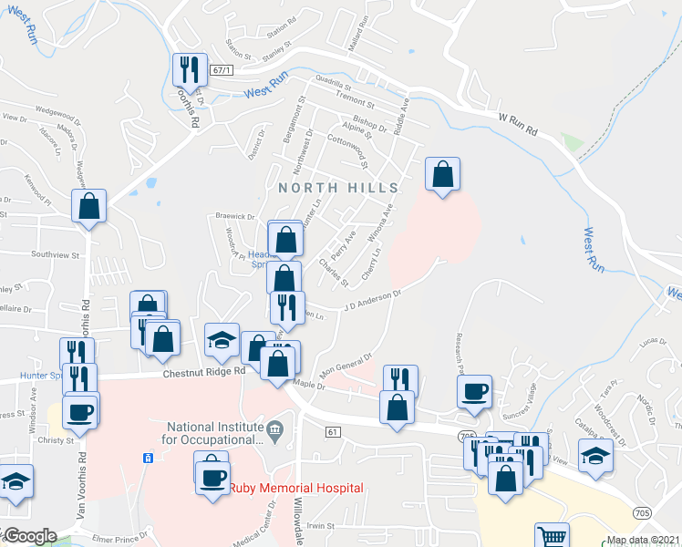 map of restaurants, bars, coffee shops, grocery stores, and more near 1319 Winona Avenue in Morgantown