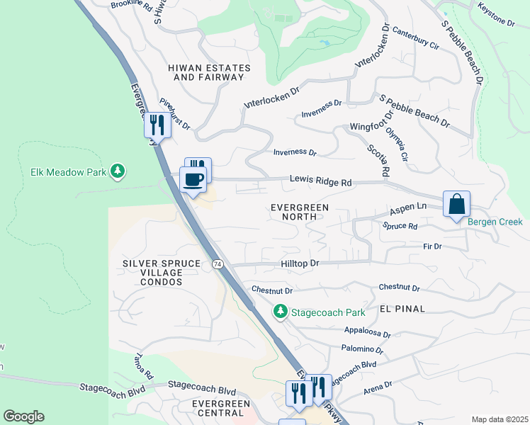 map of restaurants, bars, coffee shops, grocery stores, and more near 30601 Sun Creek Drive in Evergreen