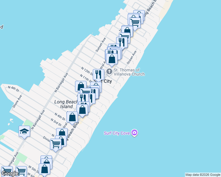 map of restaurants, bars, coffee shops, grocery stores, and more near 76 North 12th Street in Surf City