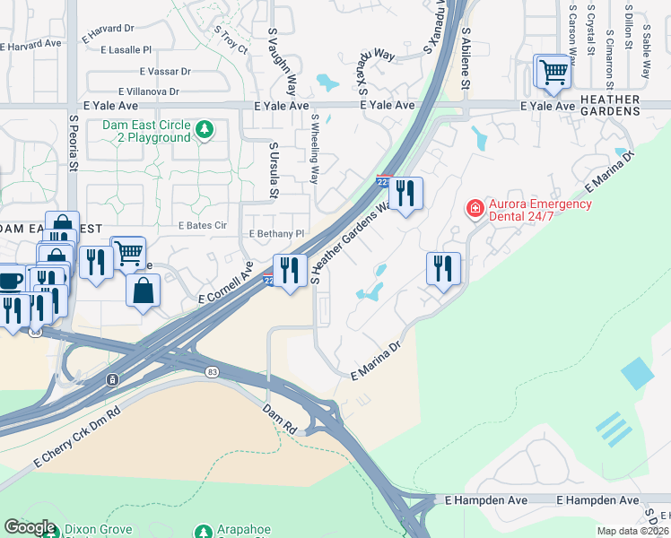 map of restaurants, bars, coffee shops, grocery stores, and more near 3022 South Wheeling Way in Aurora