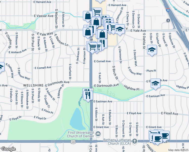 map of restaurants, bars, coffee shops, grocery stores, and more near 3040 South Colorado Boulevard in Denver