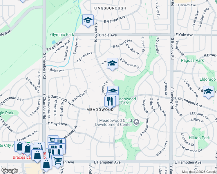 map of restaurants, bars, coffee shops, grocery stores, and more near 16035 E Columbia Pl in Aurora