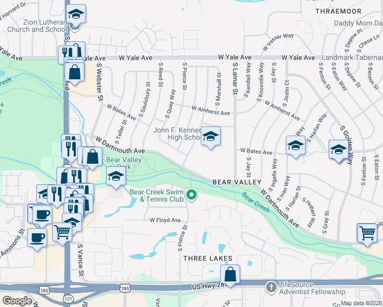 map of restaurants, bars, coffee shops, grocery stores, and more near 2992 South Newland Street in Denver