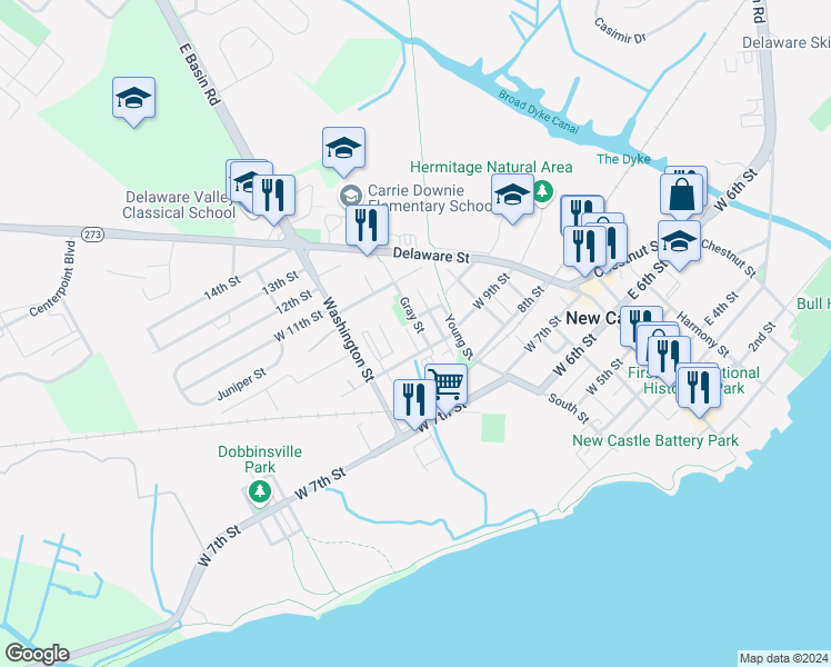 map of restaurants, bars, coffee shops, grocery stores, and more near 914 Gray Street in New Castle