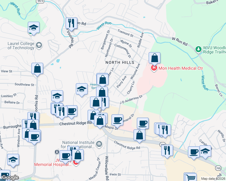map of restaurants, bars, coffee shops, grocery stores, and more near 1288 Pineview Drive in Morgantown