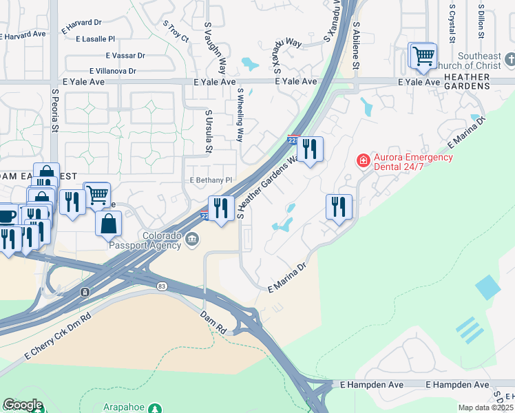 map of restaurants, bars, coffee shops, grocery stores, and more near 10070 East Dartmouth Avenue in Aurora