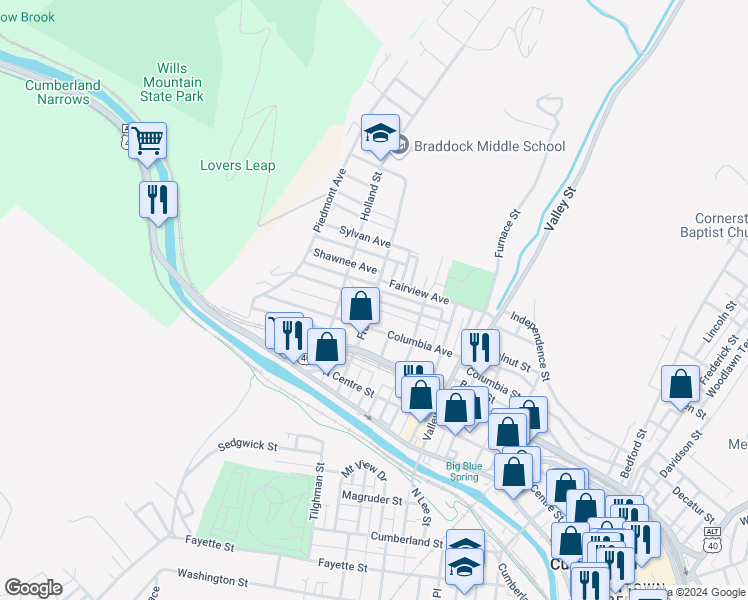 map of restaurants, bars, coffee shops, grocery stores, and more near 700 Shriver Avenue in Cumberland