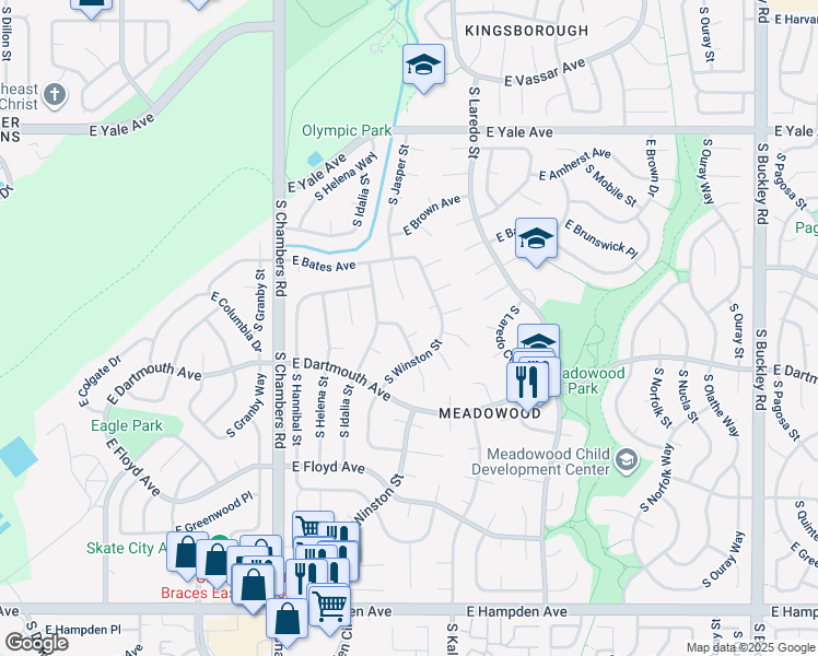 map of restaurants, bars, coffee shops, grocery stores, and more near 3038 South Jasper Way in Aurora
