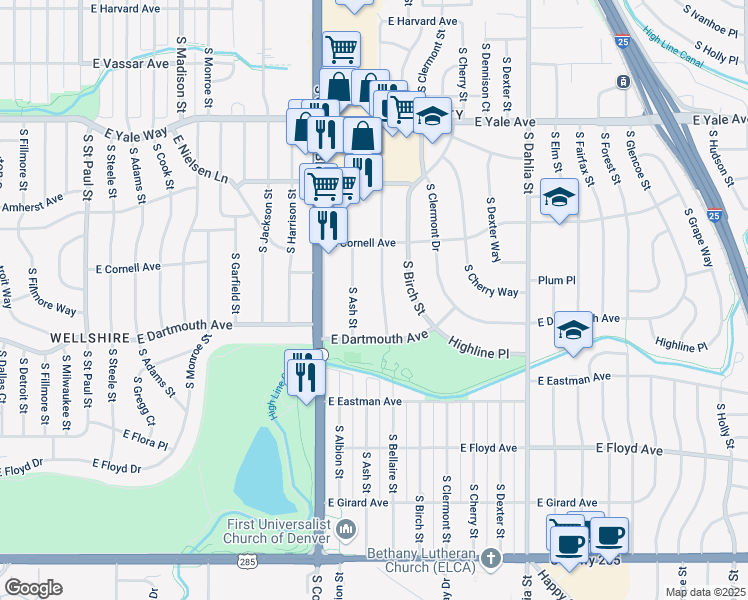 map of restaurants, bars, coffee shops, grocery stores, and more near 3051 S Bellaire St in Denver