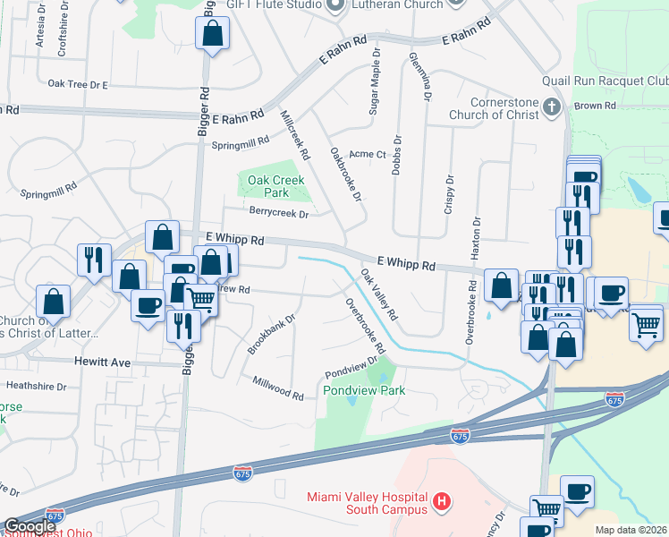 map of restaurants, bars, coffee shops, grocery stores, and more near 5562 Overbrooke Road in Dayton