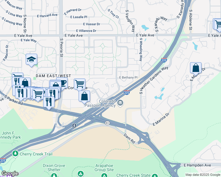 map of restaurants, bars, coffee shops, grocery stores, and more near 12777 East Cornell Avenue in Aurora