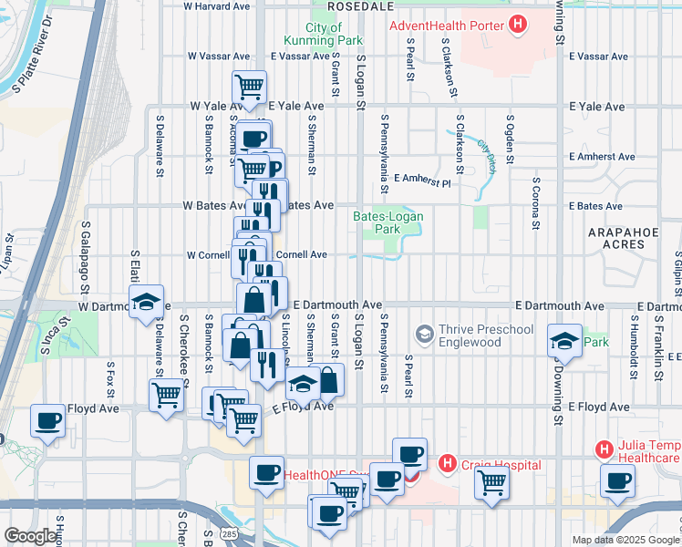 map of restaurants, bars, coffee shops, grocery stores, and more near 3025 South Logan Street in Englewood