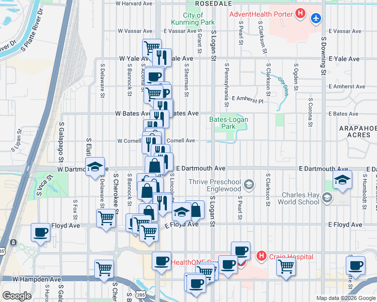 map of restaurants, bars, coffee shops, grocery stores, and more near 3026 South Sherman Street in Englewood