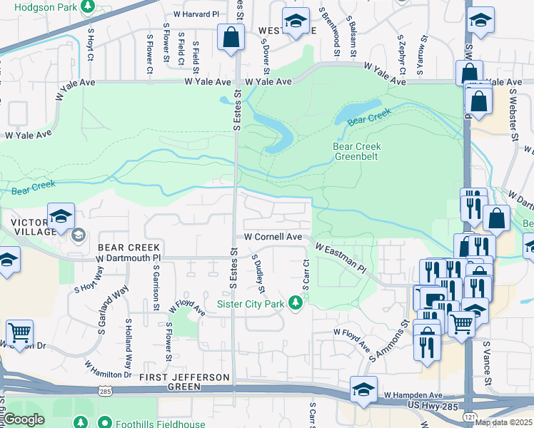 map of restaurants, bars, coffee shops, grocery stores, and more near 8757 West Cornell Avenue in Lakewood