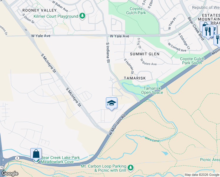 map of restaurants, bars, coffee shops, grocery stores, and more near 3169 South Indiana Street in Lakewood