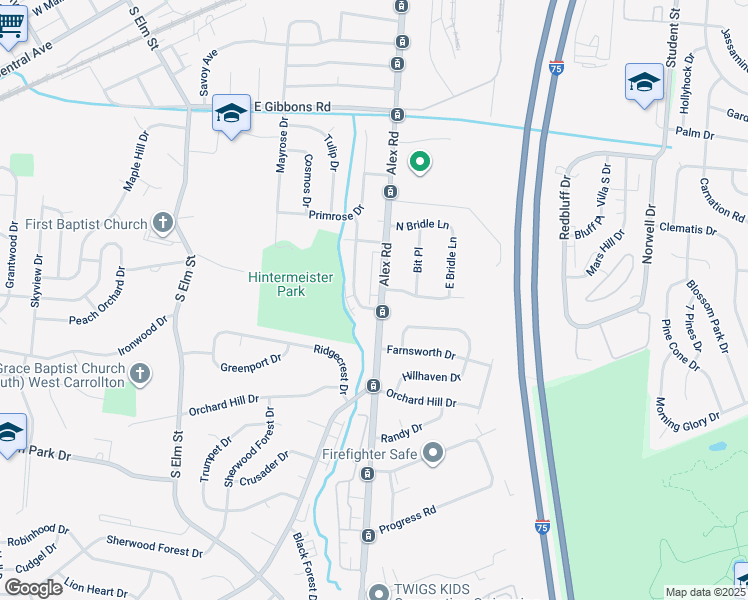 map of restaurants, bars, coffee shops, grocery stores, and more near 1216 South Alex Road in Dayton
