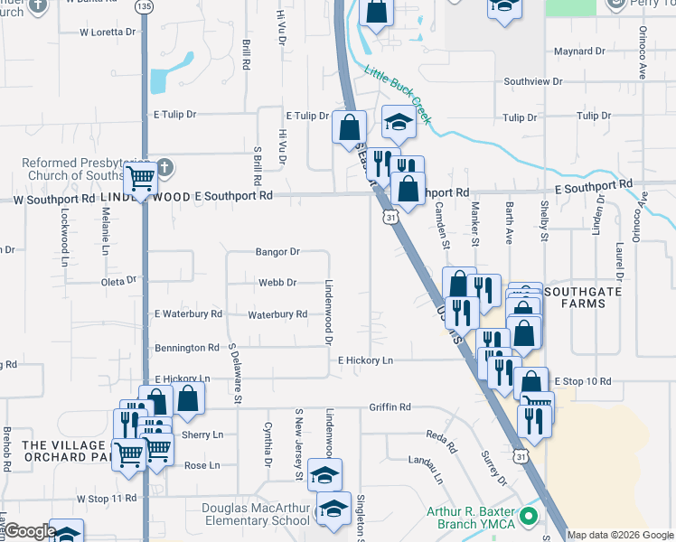 map of restaurants, bars, coffee shops, grocery stores, and more near 7151 Lindenwood Drive in Indianapolis