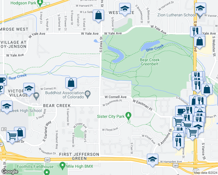 map of restaurants, bars, coffee shops, grocery stores, and more near 8763 West Cornell Avenue in Lakewood