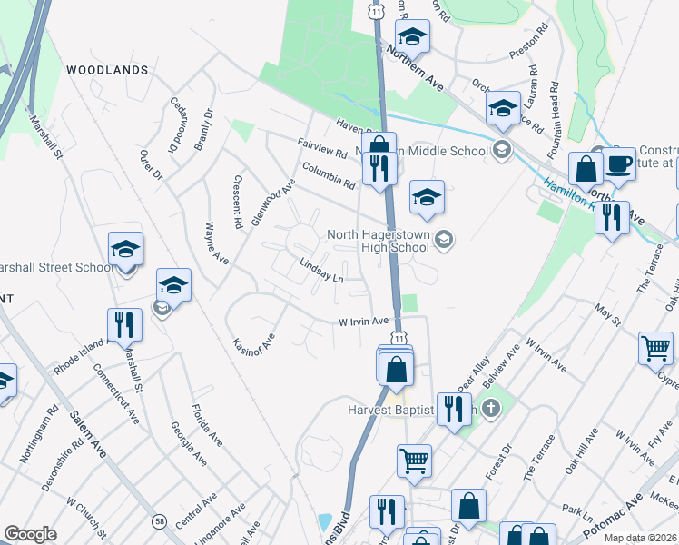 map of restaurants, bars, coffee shops, grocery stores, and more near 1030 Lindsay Lane in Hagerstown