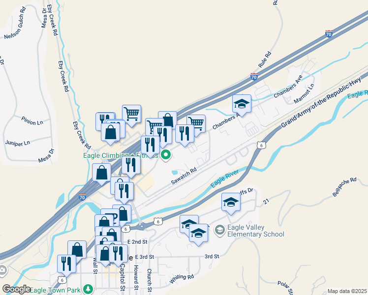 map of restaurants, bars, coffee shops, grocery stores, and more near 774 Chambers Avenue in Eagle
