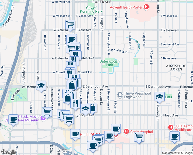 map of restaurants, bars, coffee shops, grocery stores, and more near 3025 South Logan Street in Englewood