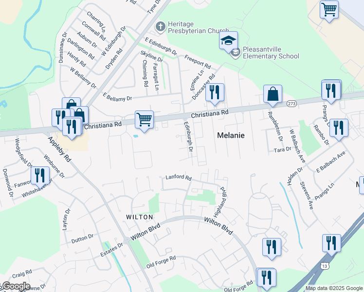 map of restaurants, bars, coffee shops, grocery stores, and more near 606 Helmsdale Circle in New Castle