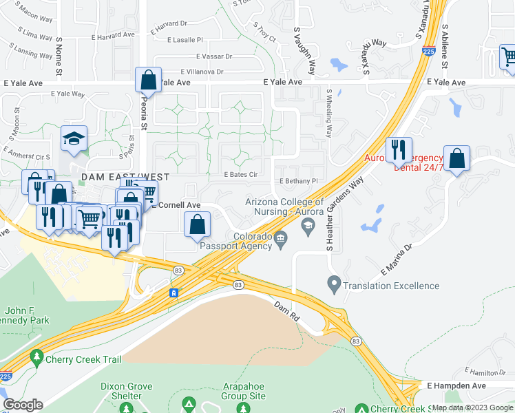 map of restaurants, bars, coffee shops, grocery stores, and more near 12777 East Cornell Avenue in Aurora