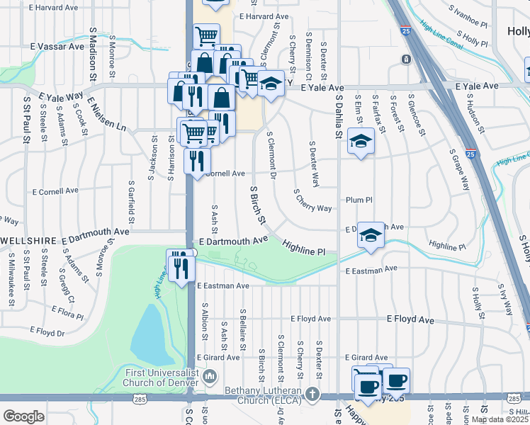 map of restaurants, bars, coffee shops, grocery stores, and more near 3085 South Clermont Drive in Denver