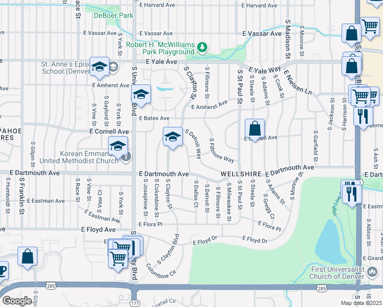 map of restaurants, bars, coffee shops, grocery stores, and more near 2755 East Cornell Avenue in Denver