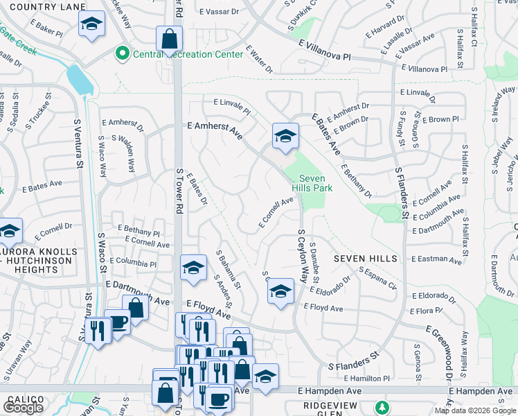 map of restaurants, bars, coffee shops, grocery stores, and more near 2989 South Biscay Street in Aurora